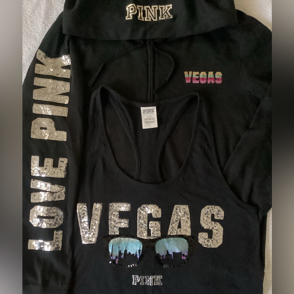 Victoria’s Secret LOVE PINK BLING Vegas Hoodie Jacket Tank Top Shirt L